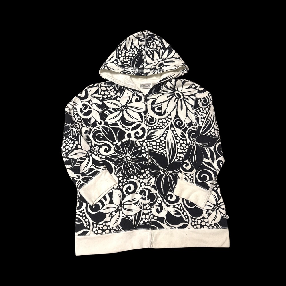 Zenergy by Chicos Womens Black White Floral Full Zip Hoodie Jacket Size 2 L